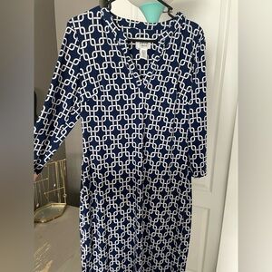 CAbi Blue and White Long Sleeve V-Neck Dress